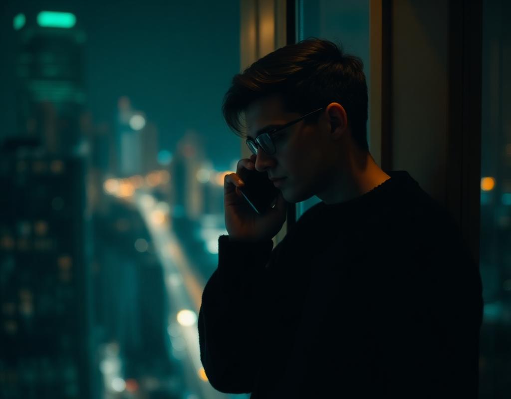 Junger Vertriebspartner beim ersten Kennenlern-Call mit Skyline-Blick