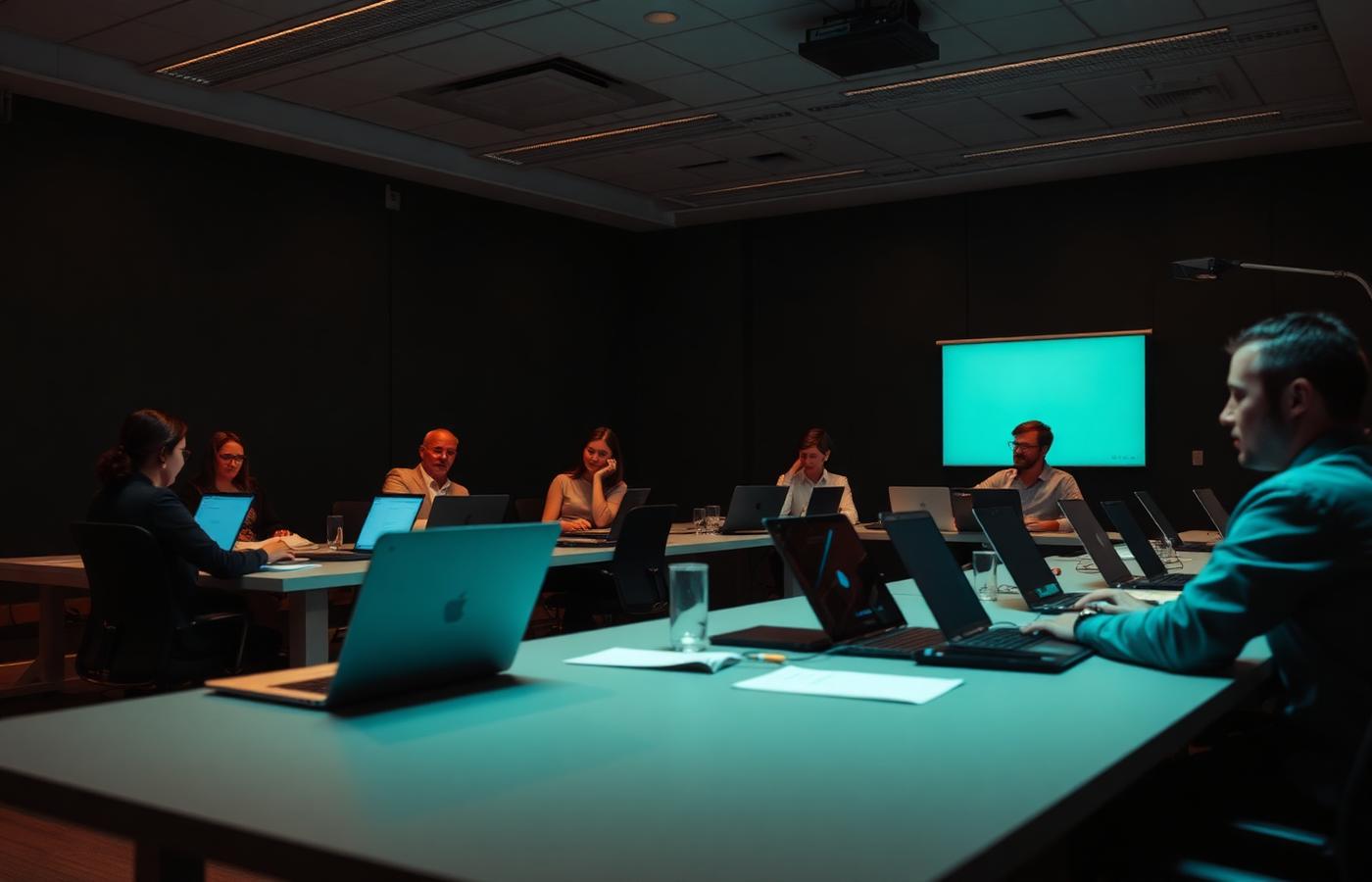 Workshop in einem modernen Schulungsraum mit Teilnehmern an Laptops
